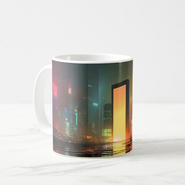 Futuristiskt stadslandskap med neonreflektioner kaffemugg (Framsida vänster)