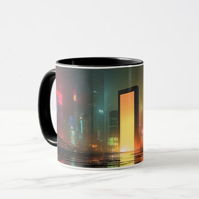 Futuristiskt stadslandskap med neonreflektioner mugg (Framsida vänster)