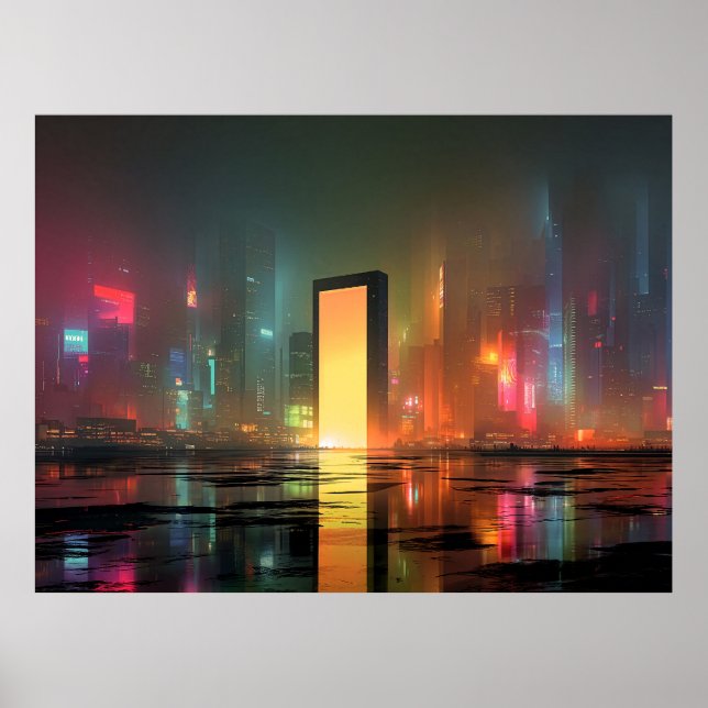 Futuristiskt stadslandskap med neonreflektioner poster (Framsidan)