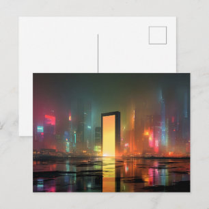 Futuristiskt stadslandskap med neonreflektioner vykort