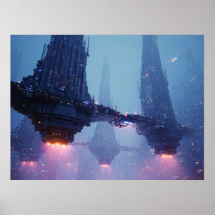 Futuristiskt stadslandskap med svävande strukturer poster