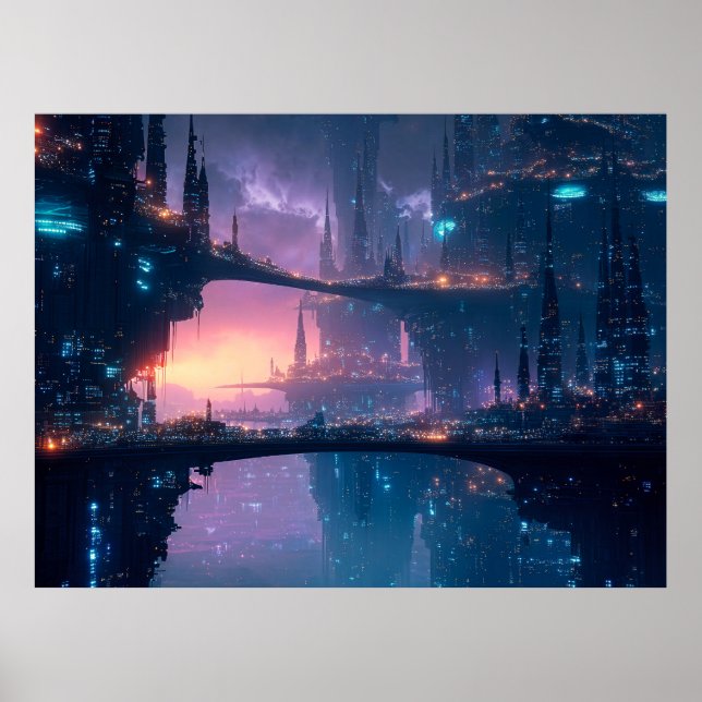 Futuristiskt stadslandskap vid skymning poster (Framsidan)