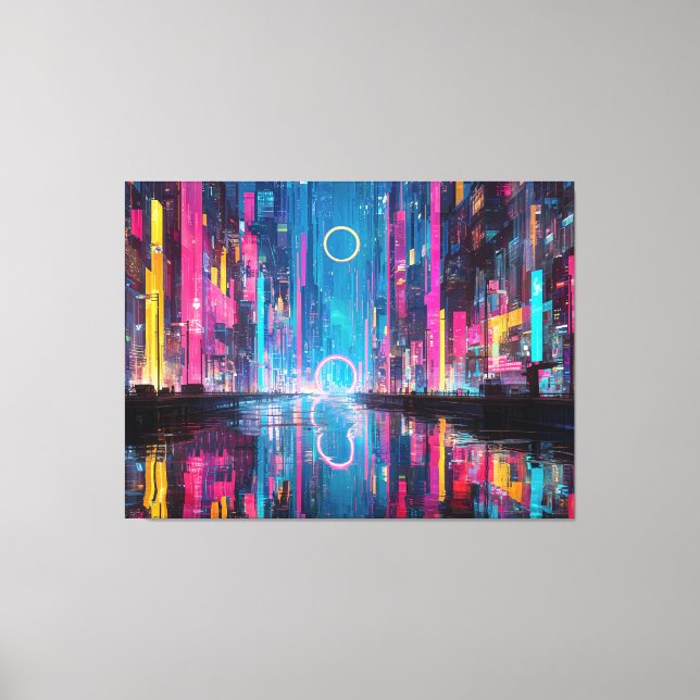 Futuristiskt Vibrant Neon Natt Stadsscen Canvastryck (Framsida)
