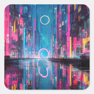 Futuristiskt Vibrant Neon Natt Stadsscen Fyrkantigt Klistermärke