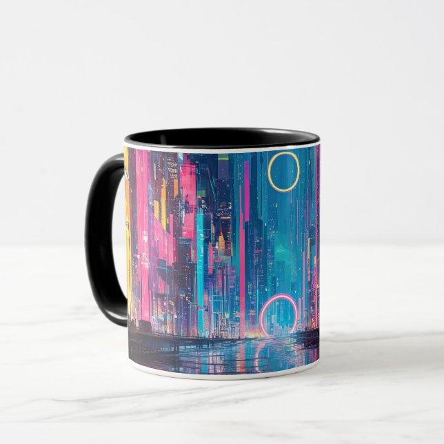 Futuristiskt Vibrant Neon Natt Stadsscen Mugg (Framsida vänster)