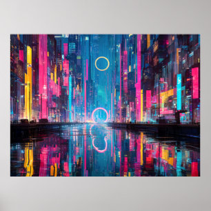 Futuristiskt Vibrant Neon Natt Stadsscen Poster