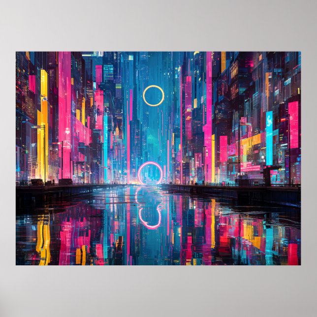 Futuristiskt Vibrant Neon Natt Stadsscen Poster (Framsidan)