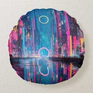 Futuristiskt Vibrant Neon Natt Stadsscen Rund Kudde