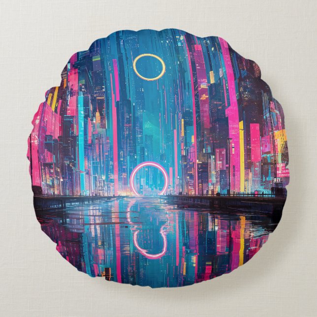 Futuristiskt Vibrant Neon Natt Stadsscen Rund Kudde (Framsidan)