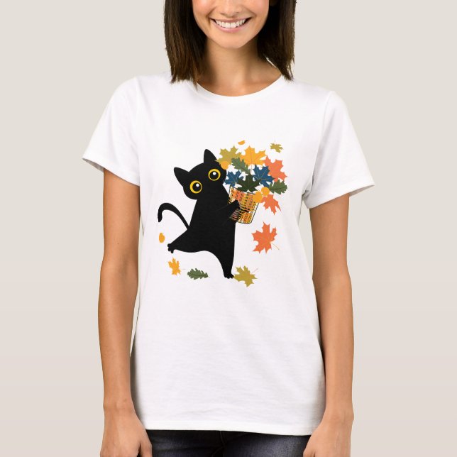 fuuny black Cat Leaf Fall Hello Autumn T Shirt (Framsida)