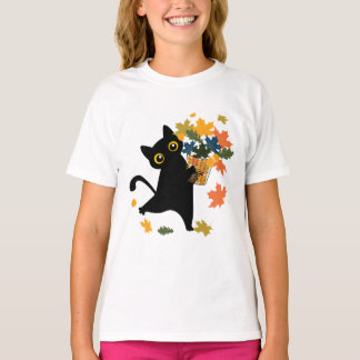 fuuny black Cat Leaf Fall Hello Autumn T Shirt