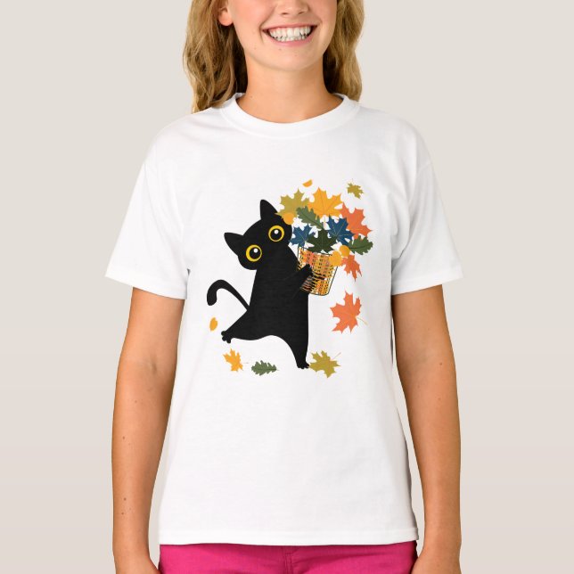 fuuny black Cat Leaf Fall Hello Autumn T Shirt (Framsida)