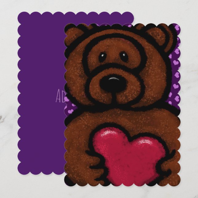 Fuzzy Brown Bear Holding Heart Valentine (Fram/baksida)