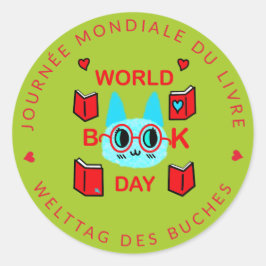 Fuzzy Cat World Bok Day Journée Mondiale du Livre Runt Klistermärke