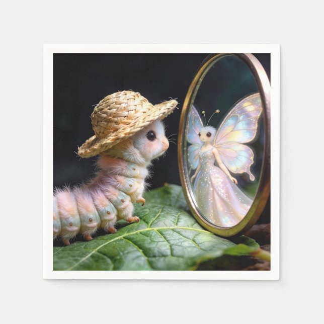 Fuzzy Caterpillar Staring at a Fairy Butterfly Pappersservett (Framsidan)