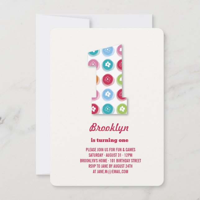 Fuzzy Daisy Färg Dots 1:a födelsedag Party Photo Inbjudningar (Framsida)