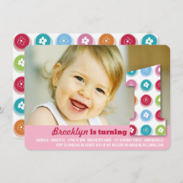 Fuzzy Daisy Färg Dots 1:a födelsedag Party Photo Inbjudningar