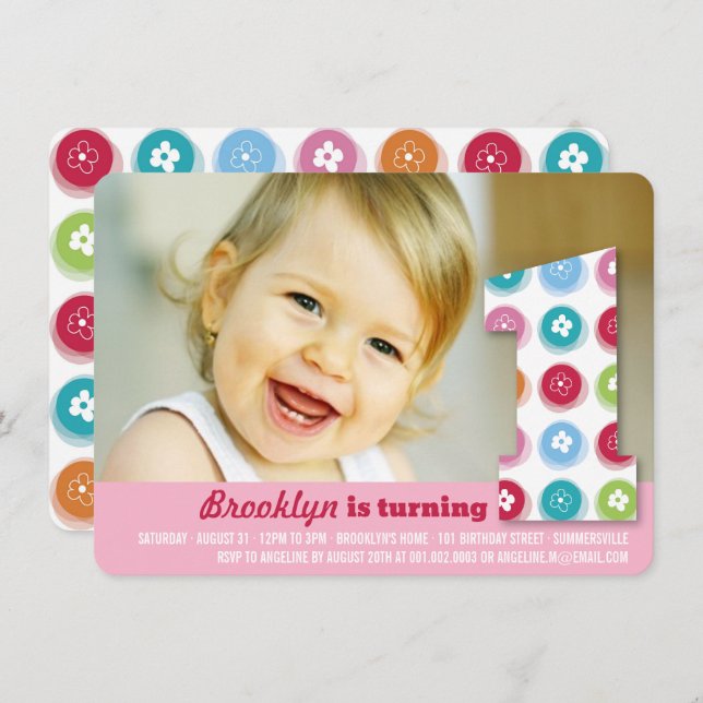 Fuzzy Daisy Färg Dots 1:a födelsedag Party Photo Inbjudningar (Fram/baksida)