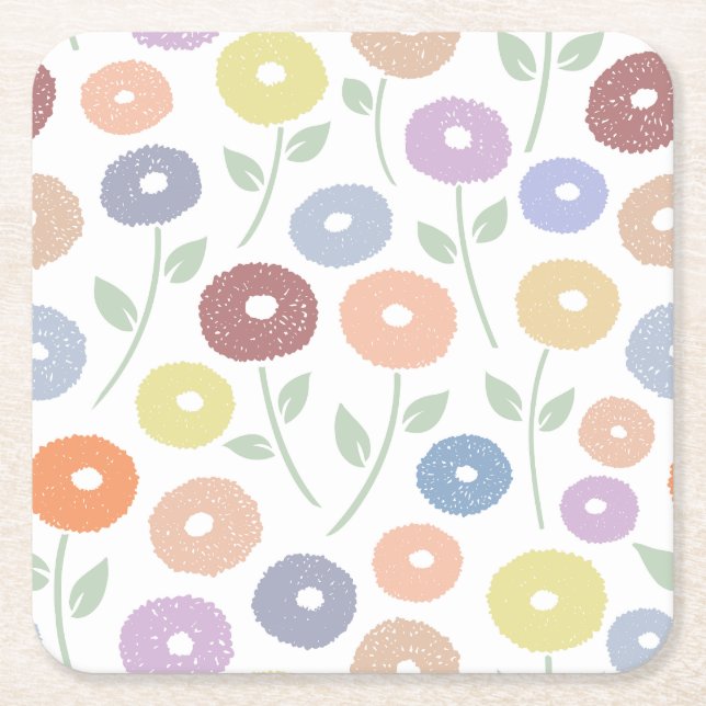 Fuzzy Flower Lg Pattern Pastels on White Underlägg Papper Kvadrat (Framsidan)