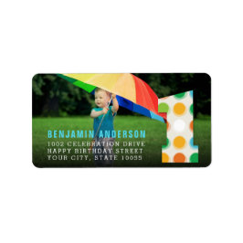 Fuzzy Modern Färg Dots 1:a födelsedagsfoto Party Adressetikett