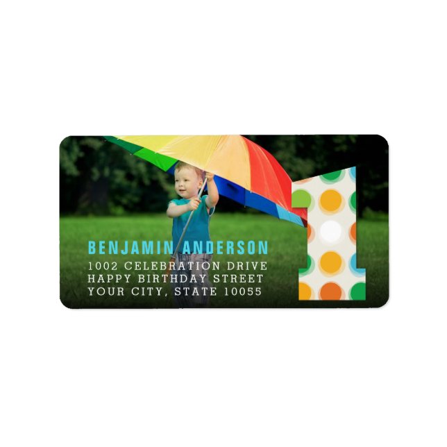 Fuzzy Modern Färg Dots 1:a födelsedagsfoto Party Adressetikett (Framsidan)