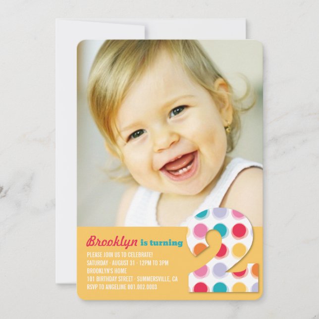 Fuzzy Modern Färgprickar 2-års Födelsedagsfest Fot Inbjudningar (Framsida)