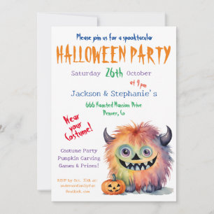 Fuzzy Monster Halloween Costume Party Inbjudningar
