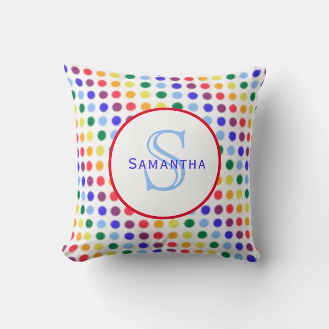 Fuzzy Rainbow Polka dots Personlig Monogram Kudde (Framsida)