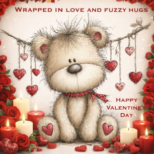 Fuzzy Valentine Björn med Hängande Hjärtan Julkort