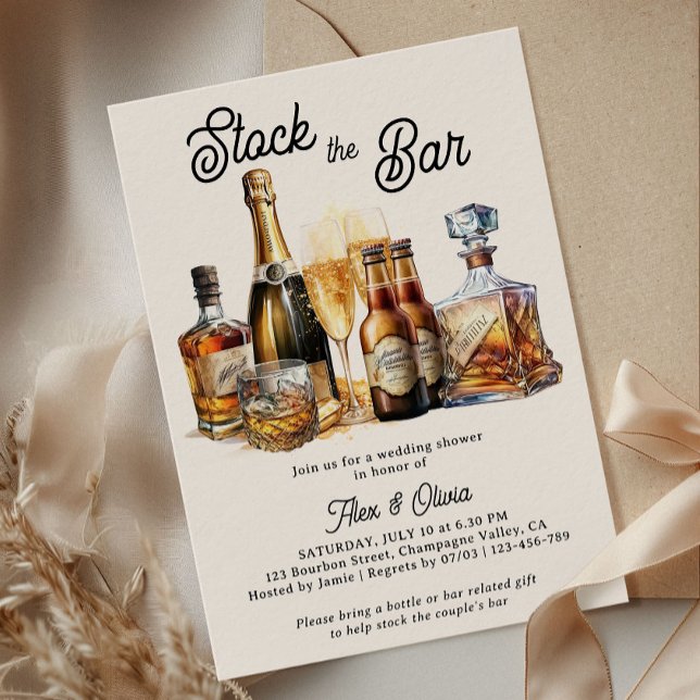 Fyll Baren Bröllopsfest För Par Inbjudningar (Rustic Stock the Bar Wedding Shower Invitation with Beer Champagne and Whiskey)