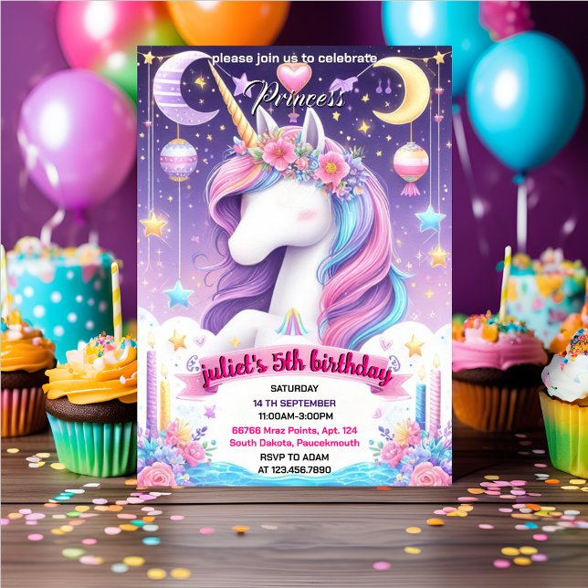 fyll flicksöt lila rosa unicorn 1:a födelsedag inbjudningar (Skapare uppladdad)