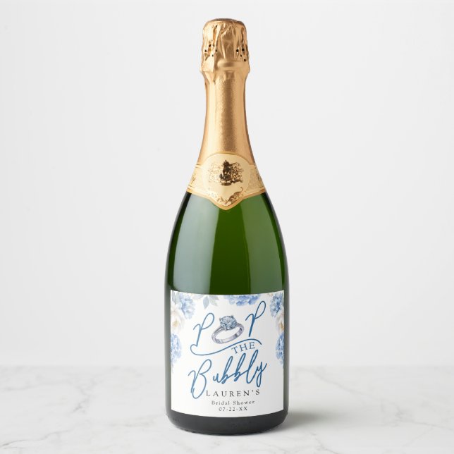 Fyll-i-bubblor Bröllopsfest Champagne Etikett Blå (Framsida)