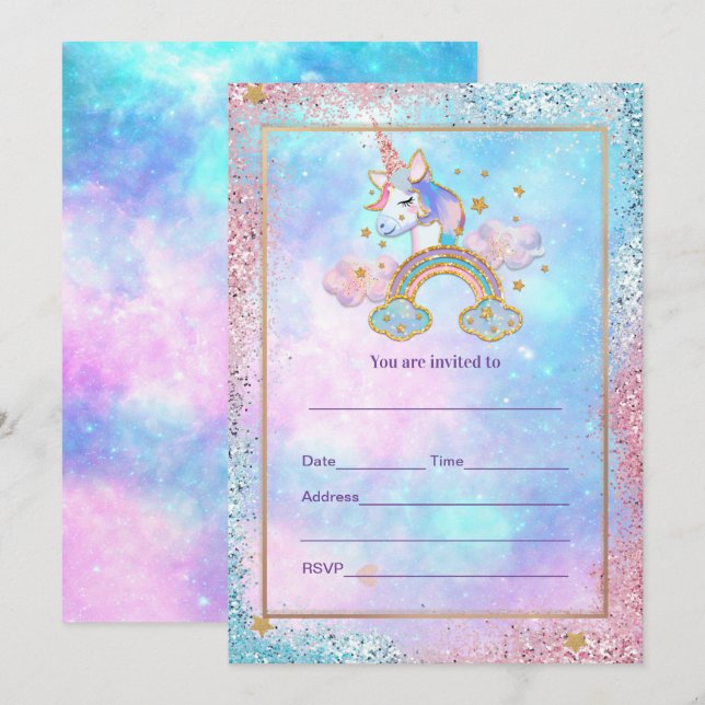 Fyll i enhörningsinbjudan inbjudningar (Fram/baksida)