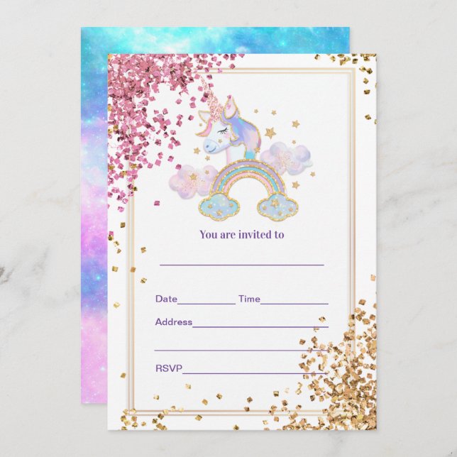 Fyll i enhörningsinbjudan inbjudningar (Fram/baksida)