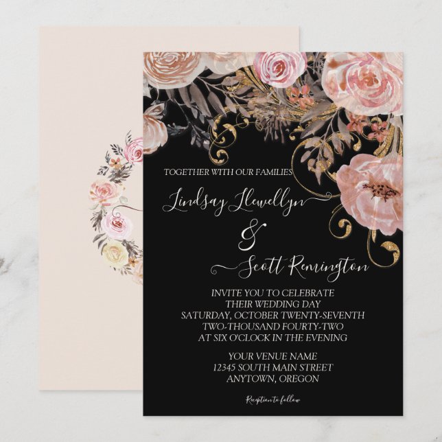 Fylld vattenfärg, Blommigt Ro Guld Bröllop Inbjudningar (Fram/baksida)