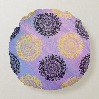 Fyllning med runda gulter och svarta blommor rund kudde