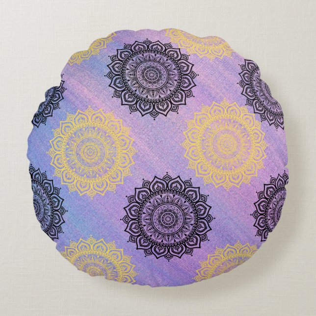 Fyllning med runda gulter och svarta blommor rund kudde (Framsidan)