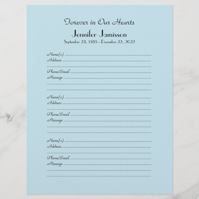 Fyllningssidan blek Blue eller Ditt Färg Memorial  (Framsida)