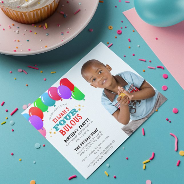 FYNDIG 4-års födelsedagsballong Blå Foto Inbjudningar (Skapare uppladdad)