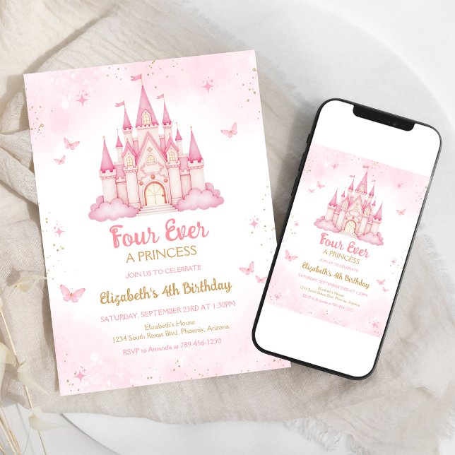 Fyr alltid en prinsessas slott 4-års födelsedag inbjudningar (Skapare uppladdad)