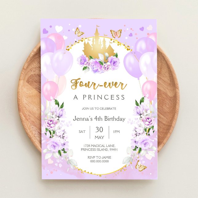 Fyr alltid en prinsesslig tema flicka 4-årsdag inbjudningar (Skapare uppladdad)