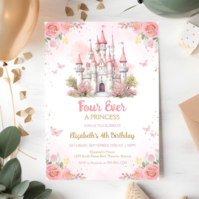 Fyr alltid en prinsessslott 4-års födelsedag inbjudningar (Skapare uppladdad)