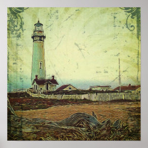 fyr för nautiska sjölandskapets oljemålning vintag poster