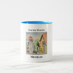 fyr i Town, South Haven, Michigan Två-Tonad Mugg