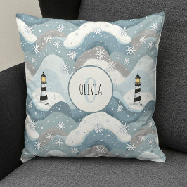 Fyr med isiga vågor Vinter nautisk monogram Kudde