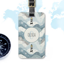 Fyr med isiga vågor Vinternautisk monogram