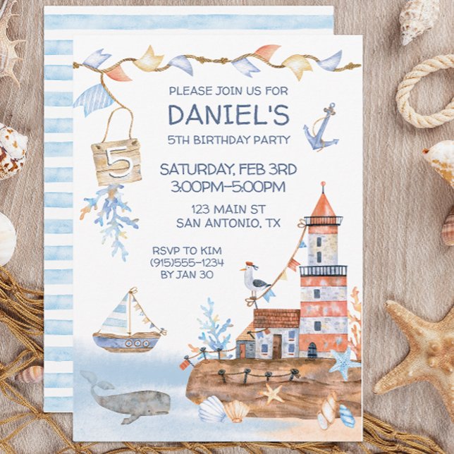Fyr Nautisk Födelsedag Inbjudningar (Nautical Kid's Birthday Party Invitation)