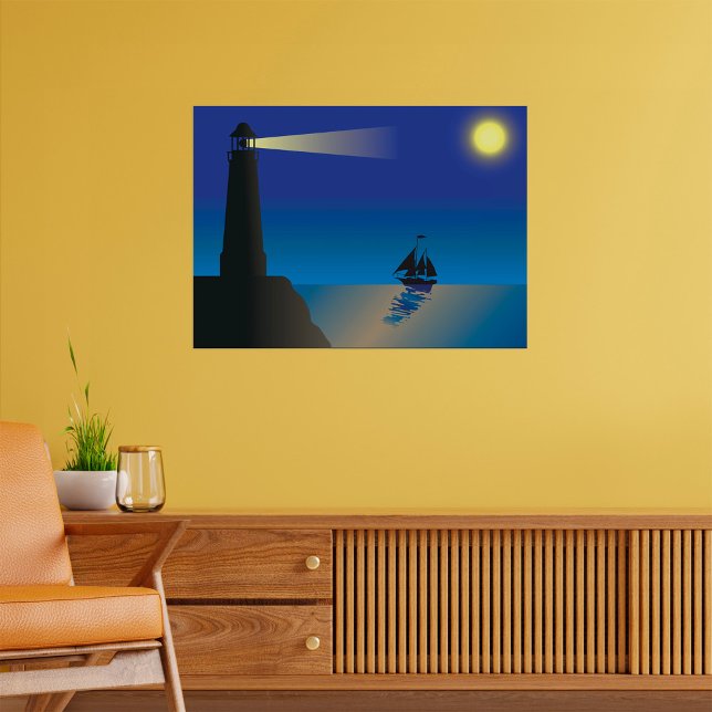 Fyr och segelbåt på natten Månbelyst hav Poster (Skapare uppladdad)