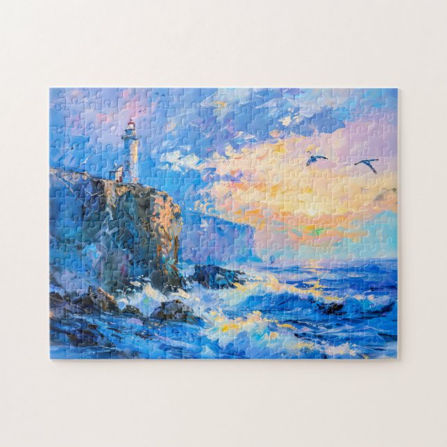 Fyr på klippig kust impressionistiskt havslandskap pussel (Horisontell)