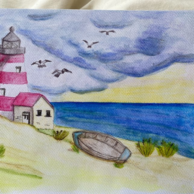 Fyr på strand fiskebåt hav kust vykort (Skapare uppladdad)